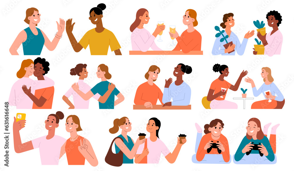 Female friends hug each other, meet and talk, young women spend time together, BFF drink coffee and share hobby, vector illustrations