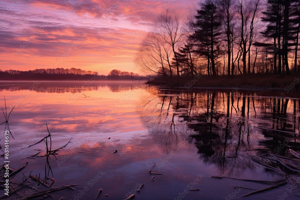 Fototapeta premium Tranquil Lakeside Sunset: Soft Pastel Tones Mirror the Calm Water's Surface, generative AI