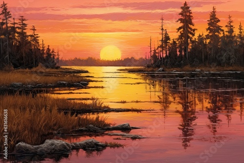 Golden Reflections: A Serene Lakeside Sunset Emanates Tranquility, generative AI