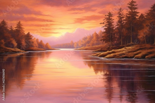 Sunset Tranquility: Warm Hues Reflecting on a Calm Lakeside Scene, generative AI