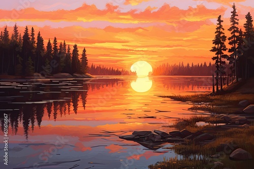 Tranquil Sunset: Warm Hues, Reflective Serenity, and Calm Lake Views, generative AI