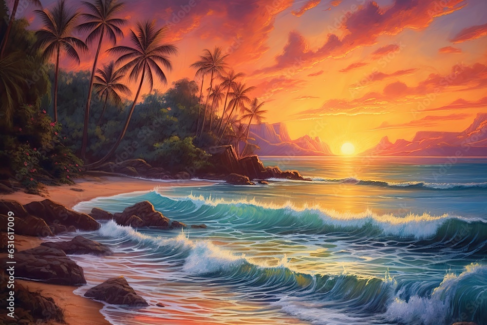 Warm Sunset Hues and Gentle Waves: A Tropical Beach Dream, generative AI
