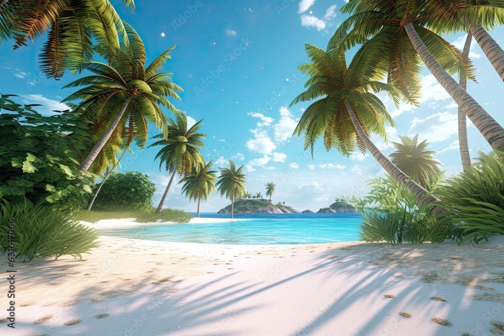 Fototapeta premium Turquoise Waters and White Sand: Exploring a Tropical Beach Paradise with Palm Trees, generative AI