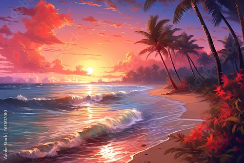 Sunset paradise: A tropical beach with warm orange and pink hues, gentle waves, and palm trees swaying in the breeze, generative AI