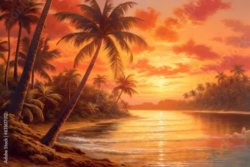 Golden Sunset on a Tropical Beach: Tranquil Waves and Swaying Palms, generative AI photo