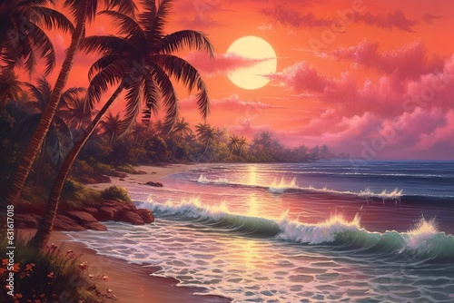 Sunset Serenade: Basking in the Warmth of a Tropical Beach with Gentle Waves and Swaying Palm Trees, generative AI