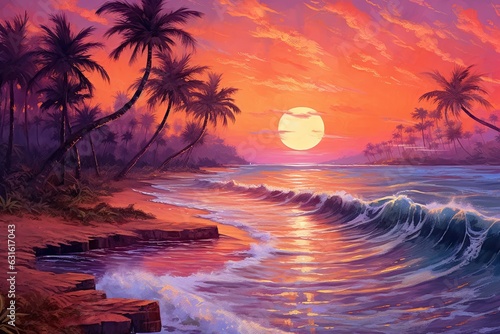 Sunset Serenade: Tranquil Tropics with Warm Hues, Gentle Waves, and Swaying Palm Trees, generative AI © Michael