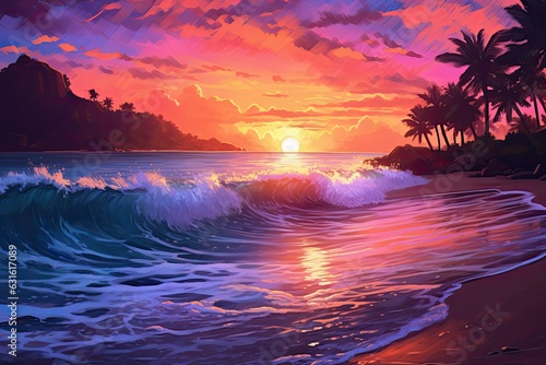 Fiery Oranges and Deep Purples  A Captivating Tropical Island Sunset with Gentle Waves  generative AI