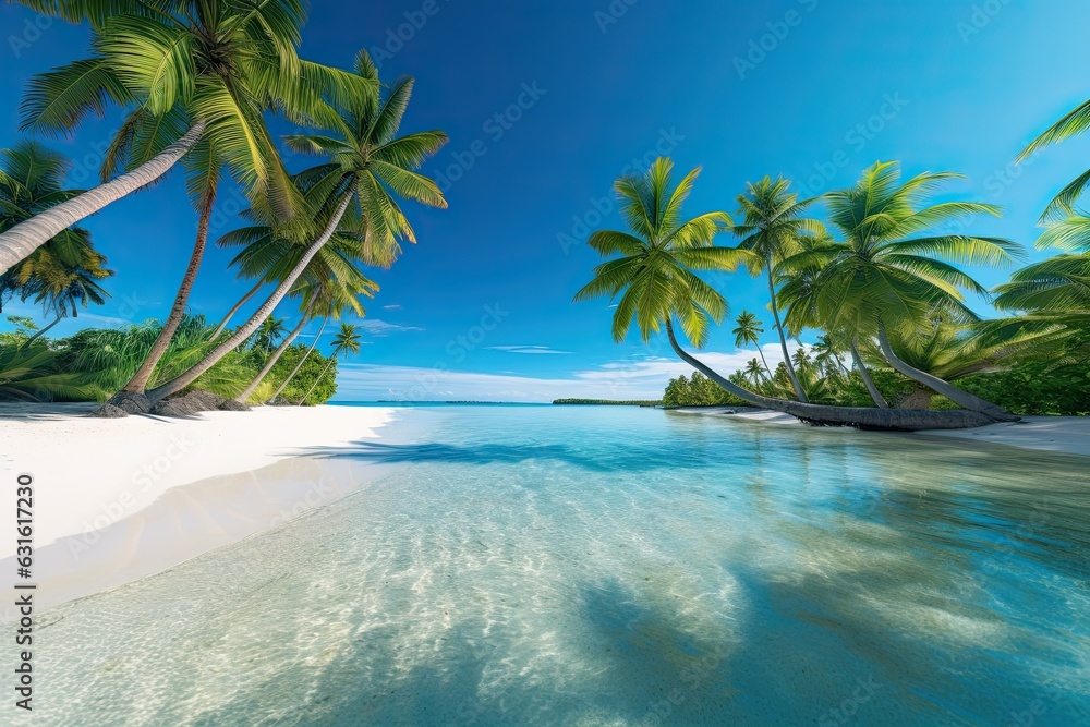 Turquoise Waters and Swaying Palm Trees: Discovering a Tropical Paradise Beach with Soft White Sand, generative AI