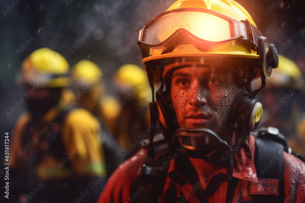 Fototapeta premium 911, rescuer. A fire rescuer is a firefighter who rescues and evacuates people from fire, extinguishes fires and prevents similar incidents. fire, children, ruins, danger