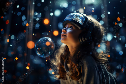 A young girl dons a VR headset, exploring digital galaxies and universes, her eyes filled with wonder as she delves into the realms of space.