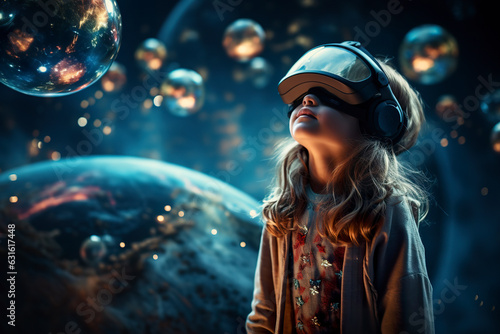 A young girl dons a VR headset, exploring digital galaxies and universes, her eyes filled with wonder as she delves into the realms of space.