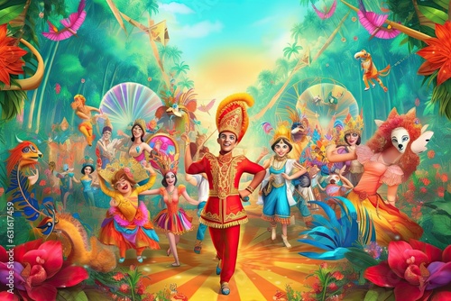 Colorful Floats, Festive Costumes, and Joyful Music: A Vibrant Carnival Parade Background!, generative AI
