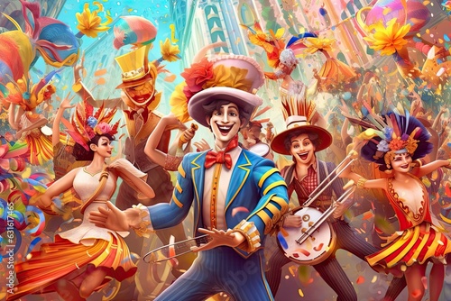 Colorful Floats, Festive Costumes, and Joyful Music: Immersive Carnival Parade Background, generative AI