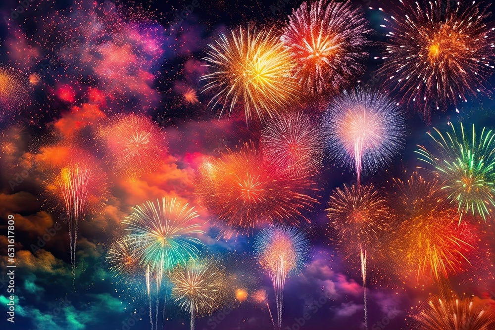 Vibrant Fireworks: Bursting Colors Illuminate the Night Sky, generative AI