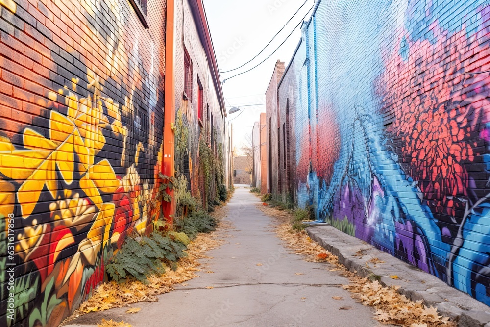 Fototapeta premium Urban Creativity Unleashed: Exploring a Vibrant Graffiti-Filled Alleyway, generative AI