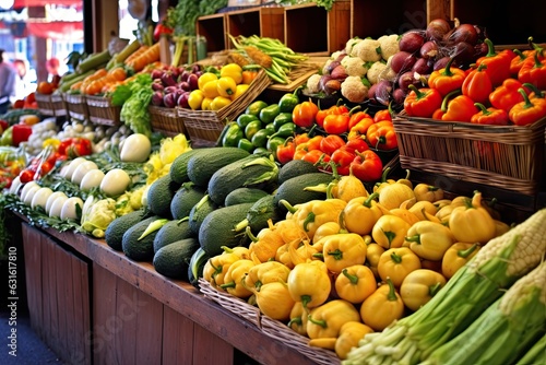 Abundance of Fresh Fruits and Vegetables at a Vibrant Farmers Market, generative AI