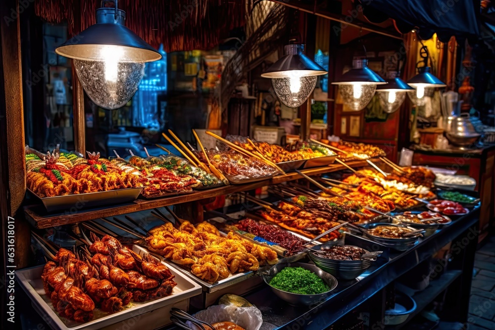 Vibrant Street Food Market: Colorful Stalls, Delectable Cuisines Await!, generative AI