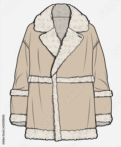 PLUSH COLLAR LONG LENGTH JACKET WITH PLUSH TRIMS DESIGNED FOR WOMEN AND YOUNG WOMEN IN VECTOR ILLUSTRATION