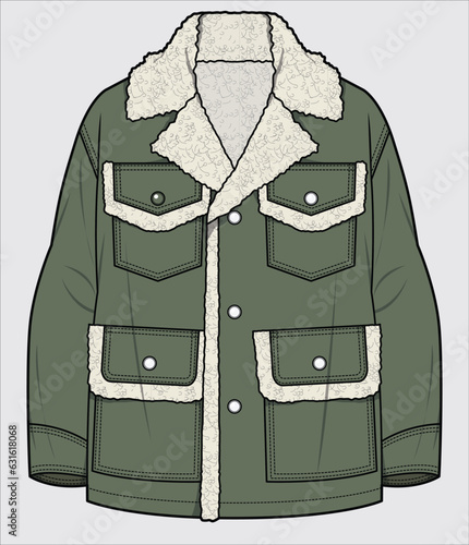 SHEARLING COLLAR DETAIL LONG LENGTH JACKET WITH FUR TRIMS DESIGNED FOR WOMEN AND YOUNG WOMEN IN VECTOR ILLUSTRATION
