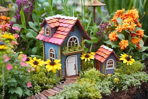 Colorful Flower-filled Whimsical Fairy Garden With Tiny Houses and Fluttering Fairies, generative AI