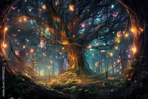 Whimsical Fairytale Forest  Sparkling Fireflies  Magical Creatures  and Towering Trees  generative AI