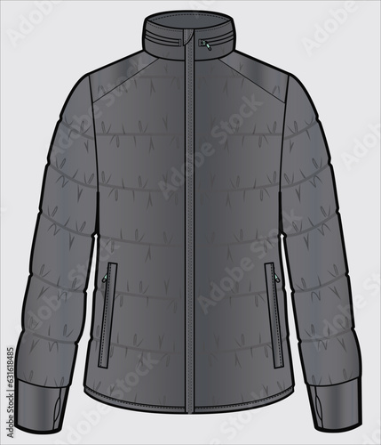 GREY PUFFER UNISEX JACKET WITH SATIN CUFFS AND SHOULDER YOKE DESIGNED FOR MEN AND WOMEN IN VECTOR ILLUSTRATION