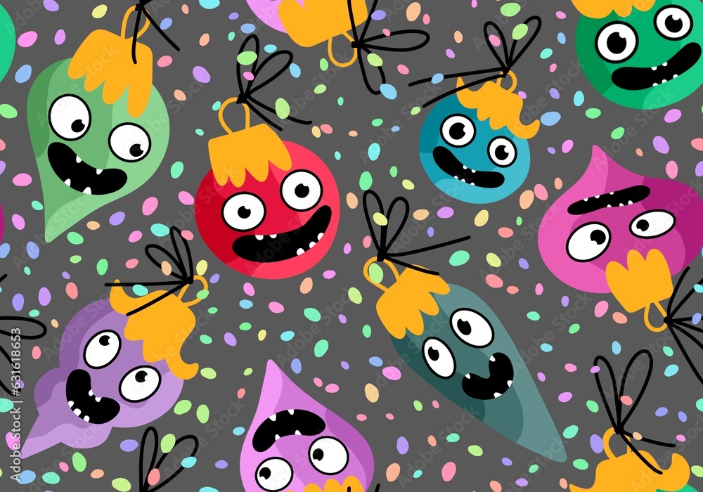 Christmas tree balls seamless cartoon monsters with face pattern for fabrics and wrapping paper and kids print Christmas tree balls seamless cartoon monsters with face pattern for fabrics and wrapping paper and kids print