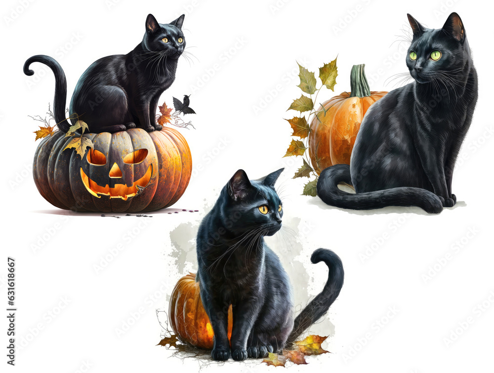Black cat seating on a pumpkin on white background Generative AI Stock ...