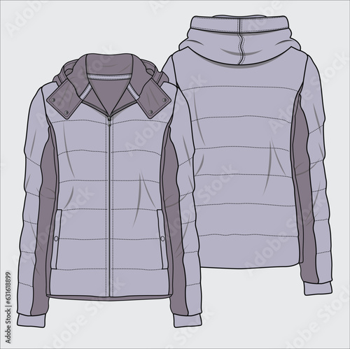 PUFFER UNISEX JACKET WITH COLOR BLOCK DETAIL DESIGNED FOR MEN AND WOMEN IN VECTOR ILLUSTRATION