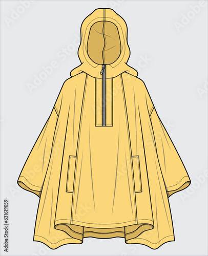 HOODED DROP SHOULDER PONCHO JACKET WITH HALF ZIPPER DETAIL DESIGNED FOR WOMEN AND TEEN GIRLS IN VECTOR ILLUSTRATIONS
