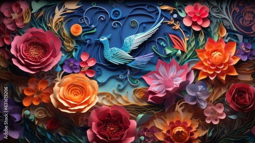 Bird and flowers folk style, bright colors. 3d paper art, papercut, colorful, illustration, background, landscape, wallpaper.