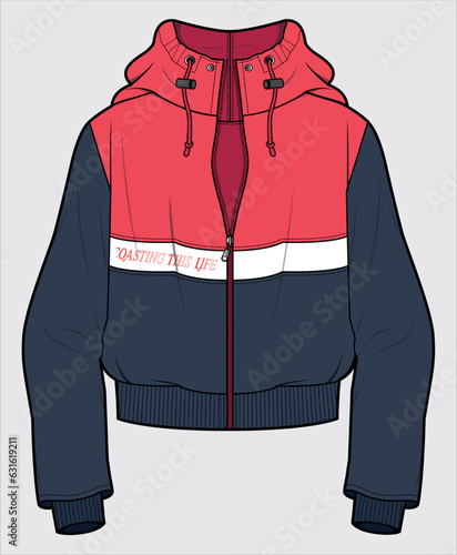 CUT AND SEW DETAILED HOODED CROPPED JACKET WITH LAYERED SLEEVES DETAIL DESIGNED FOR WOMEN AND TEEN GIRLS IN VECTOR ILLUSTRATION