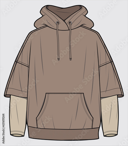 LAYERED SLEEVES DETAIL HOODED UNISEX SWEATSHIRT DESIGNED FOR MEN AND WOMEN IN VECTOR ILLUSTRATION
