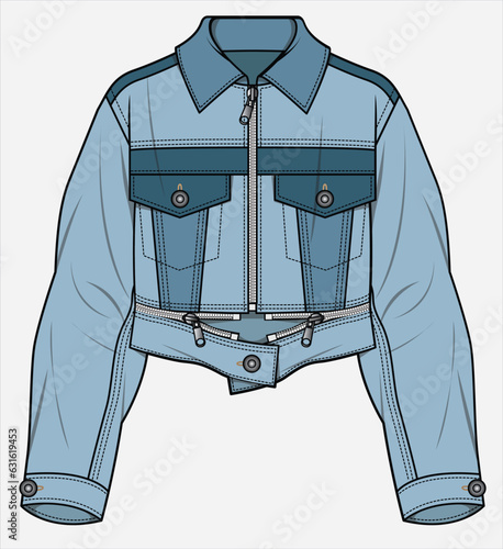 CUT AND SEW PANELLED TONAL COLOR BLOCK CROPPED TRUCKER DENIM JACKET  DESIGNED FOR WOMEN AND TEEN GIRLS IN VECTOR ILLUSTRATION