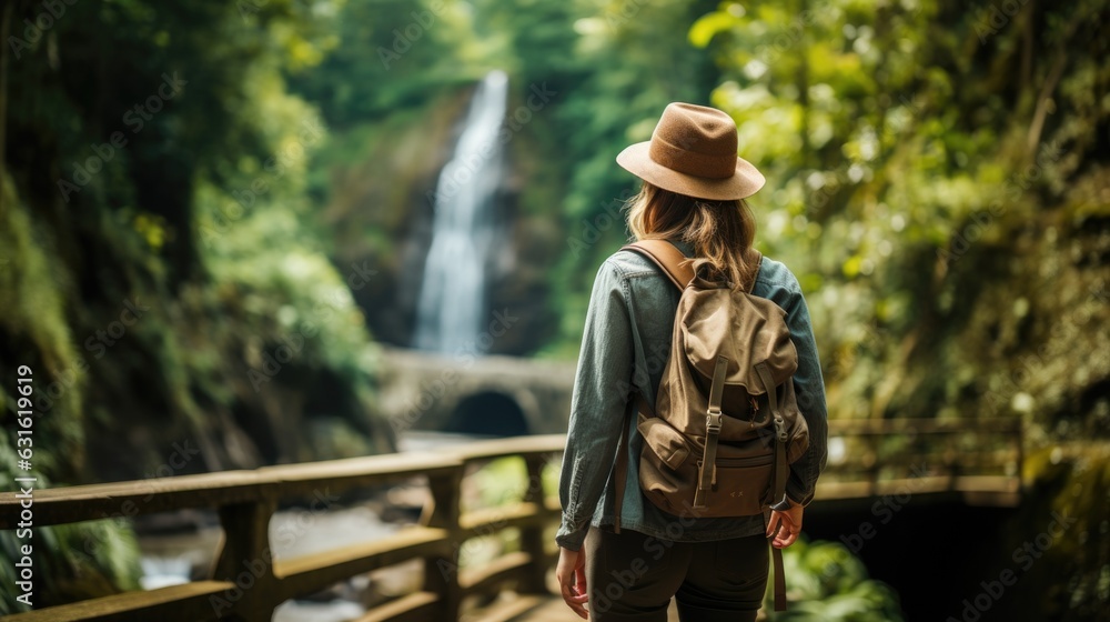 Young traveler wearing a hat with backpack hiking outdoor Travel Lifestyle and Adventure concept. Copy space. 4