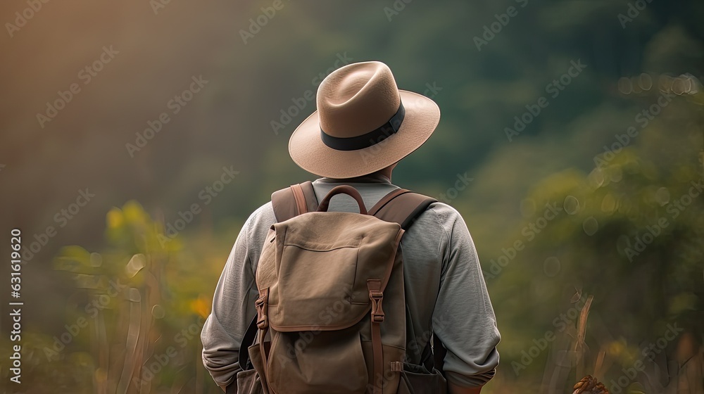 Young traveler wearing a hat with backpack hiking outdoor Travel Lifestyle and Adventure concept. Copy space. (1) Young traveler wearing a hat with backpack hiking outdoor Travel Lifestyle and Adventure concept. Copy space. (1)