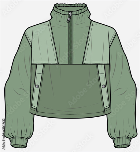 CROPPED BUILT UP NECK COLOR BLOCK JACKET DESIGNED FOR WOMEN AND GIRLS IN VECTOR ILLUSTRATION