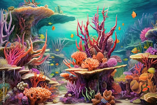Vibrant Marine Life: Exploring an Underwater Coral Reef with Colorful Fish and Intricate Coral Formations, generative AI