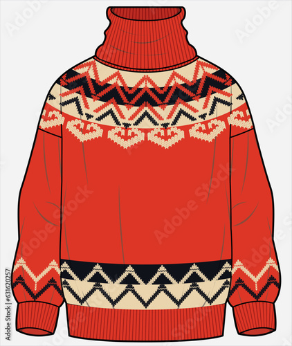 HIGH NECK ROLLED NECK TURTLE NECK FAIR ISLE SWEATER DESIGNED FOR WOMEN AND TEEN GIRLS IN VECTOR ILLUSTRATION