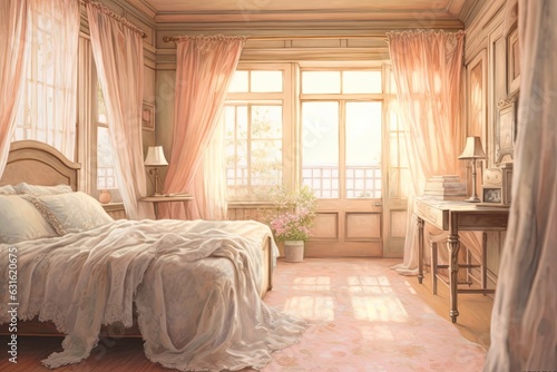 Cozy Bedroom Drawing  Soft Pastel Colors  Sunlight Streaming through Lace Curtains - A Serene Retreat  generative AI