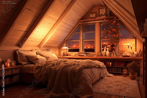 Cozy Bedroom: Bathed in Warm Candlelight, Soft Pillows and Blankets, Tranquil Haven, generative AI