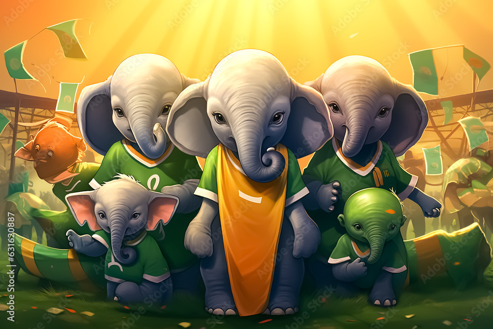 illustration of several very happy adult elephants, wearing soccer jerseys in the colors of the republic of côte d'ivoire, receiving the African soccer cup trophy, in a soccer stadium - obrazy, fototapety, plakaty 
