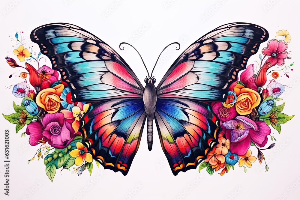 Graceful Butterfly Drawing: Vibrant Wings Flutter Among Colorful Blooms, generative AI