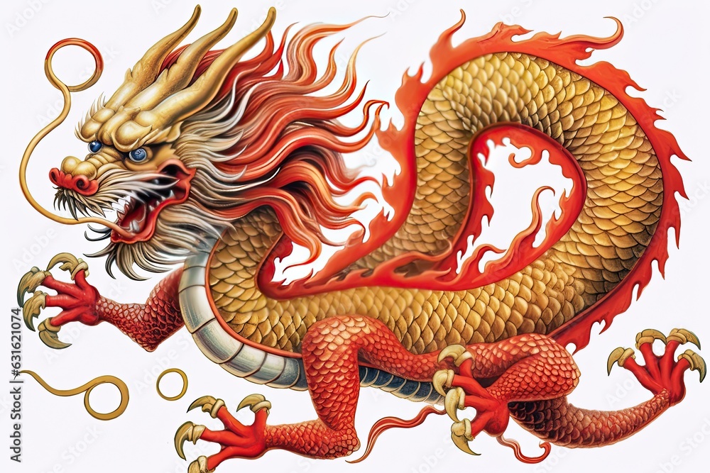 Obraz premium Chinese Dragon Drawing: A Symbol of Power and Good Fortune in Brilliant Red and Gold, generative AI