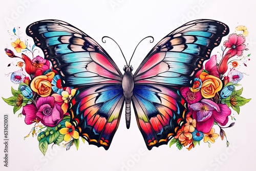 Graceful Butterfly Drawing  Vibrant Wings Flutter Among Colorful Blooms  generative AI
