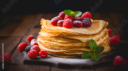 Un tas de crêpes avec des framboises pour la chandeleur. photo