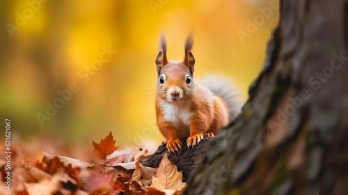 Un écureuil à côté d'un arbre dans la forêt au automne.   © Gautierbzh