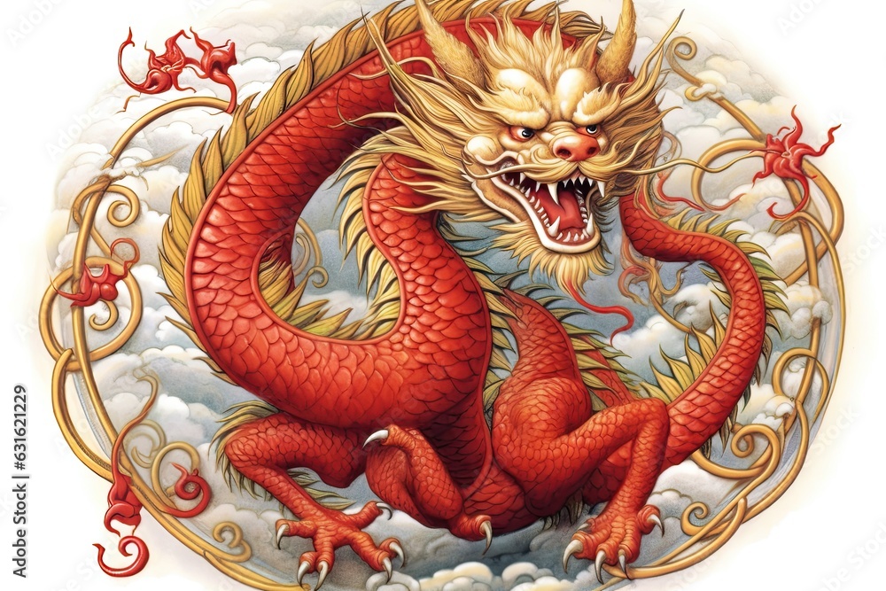 Obraz premium Vibrant Red and Gold: Traditional Chinese Dragon Drawing with Serpentine Form and Cultural Symbolism, generative AI