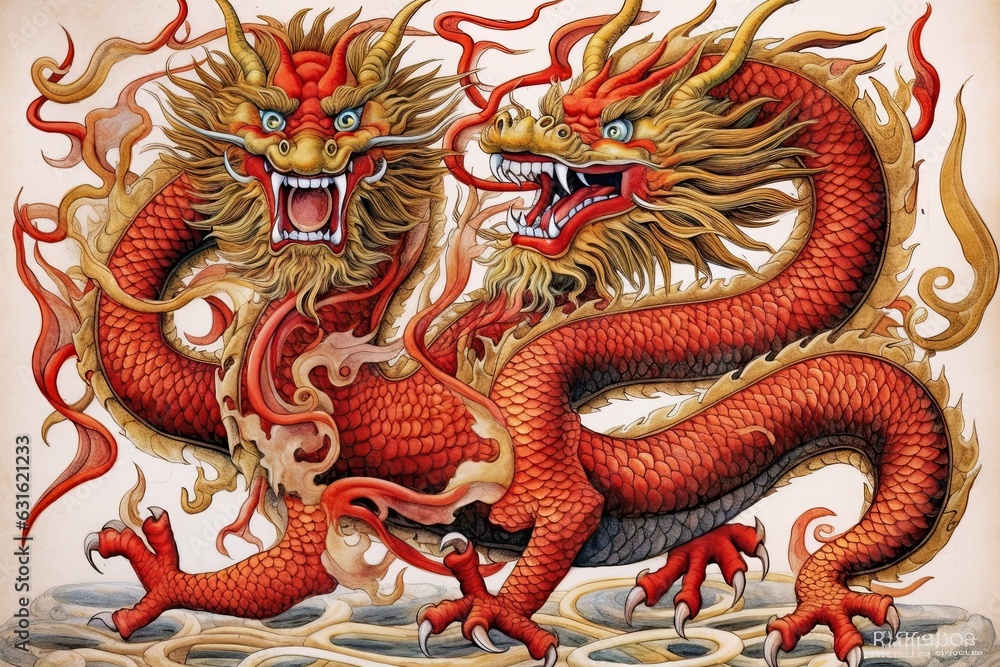 Vibrant Red and Gold: Traditional Chinese Dragon Drawing with Serpentine Form and Cultural Symbolism, generative AI